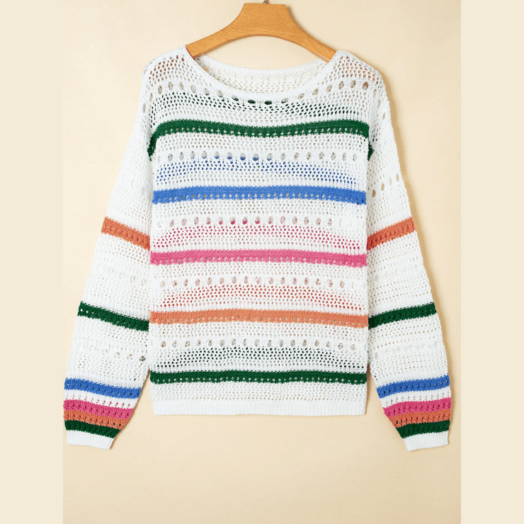 Gwenyth White Color Block Striped Pointelle Knit Sweater