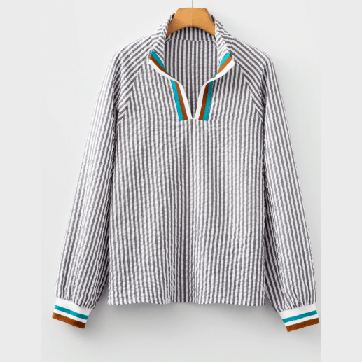 RTS Grey Striped Print Contrast Patchwork Detail Split Neck Blouse