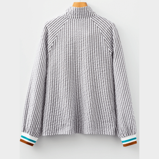 RTS Grey Striped Print Contrast Patchwork Detail Split Neck Blouse