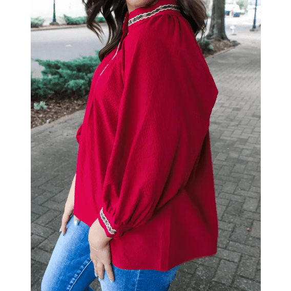 RTS Racing Red Leopard Jacquard Print V Neck Textured Blouse