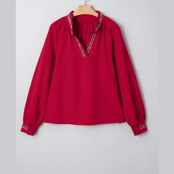 RTS Racing Red Leopard Jacquard Print V Neck Textured Blouse