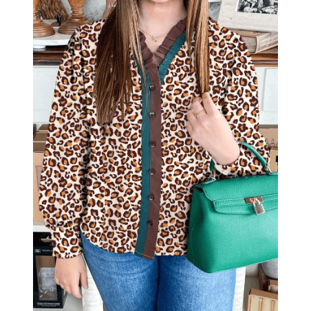 RTS Brown Leopard Print Contrast Frilled Trim Button Down V Neck Shirt