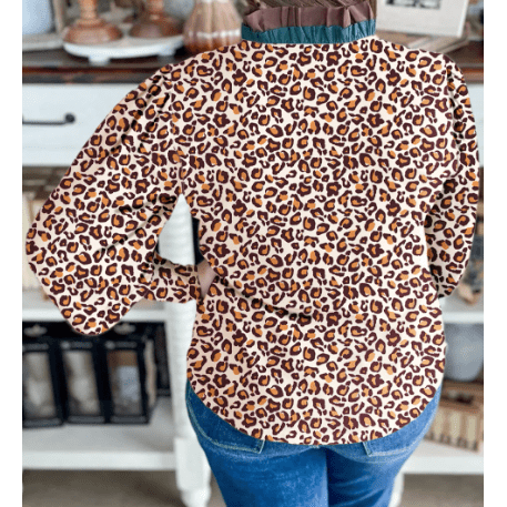 RTS Brown Leopard Print Contrast Frilled Trim Button Down V Neck Shirt