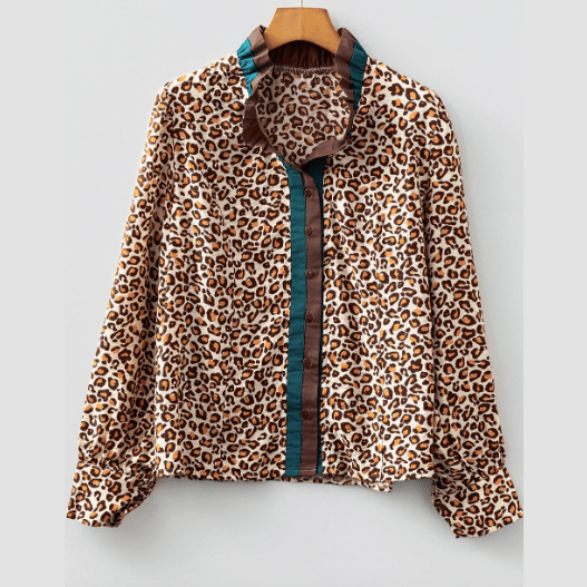 RTS Brown Leopard Print Contrast Frilled Trim Button Down V Neck Shirt