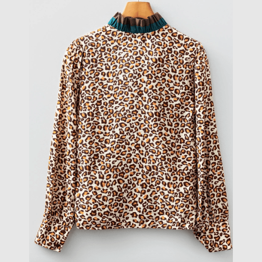 RTS Brown Leopard Print Contrast Frilled Trim Button Down V Neck Shirt