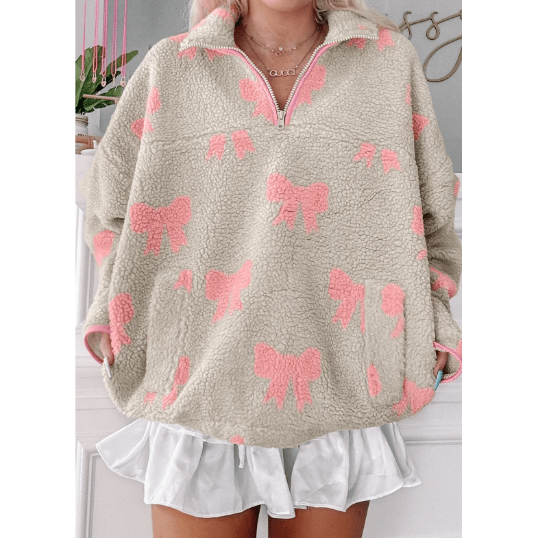 Lyssa Bow Sherpa Quarter Zip Drop Shoulder Baggy Sweatshirt