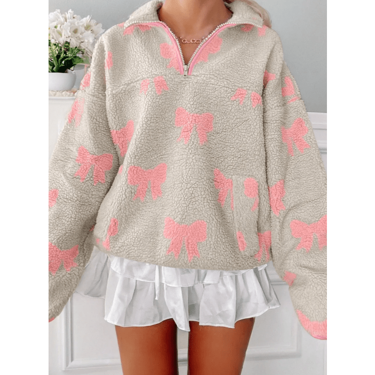 Lyssa Bow Sherpa Quarter Zip Drop Shoulder Baggy Sweatshirt