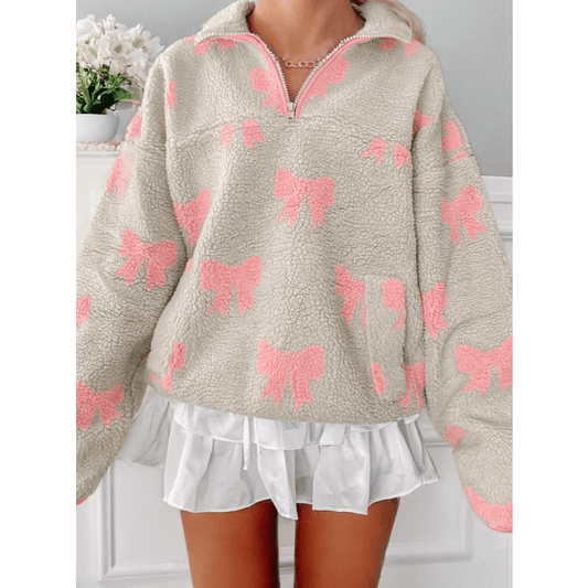 Lyssa Bow Sherpa Quarter Zip Drop Shoulder Baggy Sweatshirt