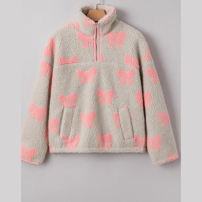 Lyssa Bow Sherpa Quarter Zip Drop Shoulder Baggy Sweatshirt