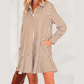 Steff Brown Stripe Ruffled Hem Collared Long Sleeve Shirt Mini Dress