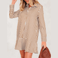 Steff Brown Stripe Ruffled Hem Collared Long Sleeve Shirt Mini Dress