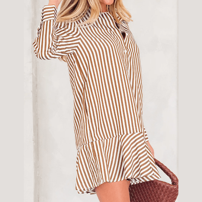 Steff Brown Stripe Ruffled Hem Collared Long Sleeve Shirt Mini Dress