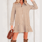 Steff Brown Stripe Ruffled Hem Collared Long Sleeve Shirt Mini Dress