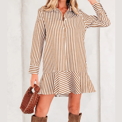Steff Brown Stripe Ruffled Hem Collared Long Sleeve Shirt Mini Dress