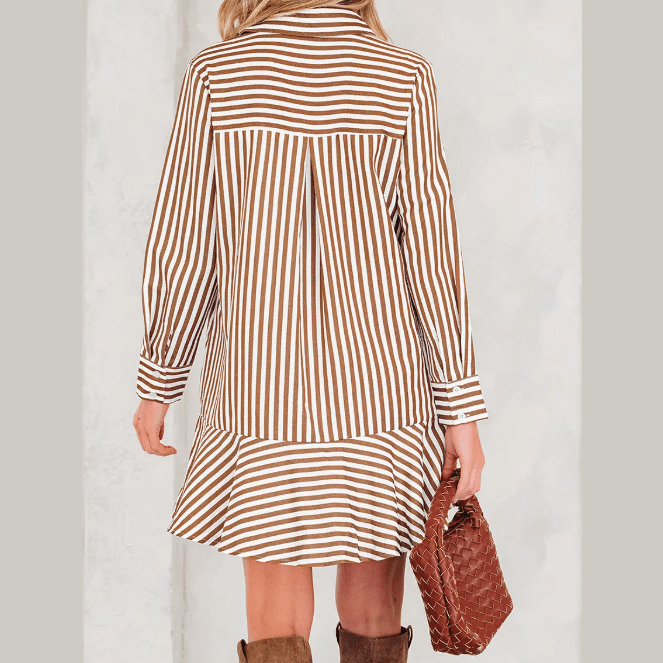 Steff Brown Stripe Ruffled Hem Collared Long Sleeve Shirt Mini Dress