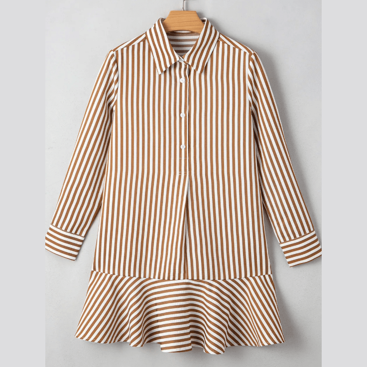 Steff Brown Stripe Ruffled Hem Collared Long Sleeve Shirt Mini Dress