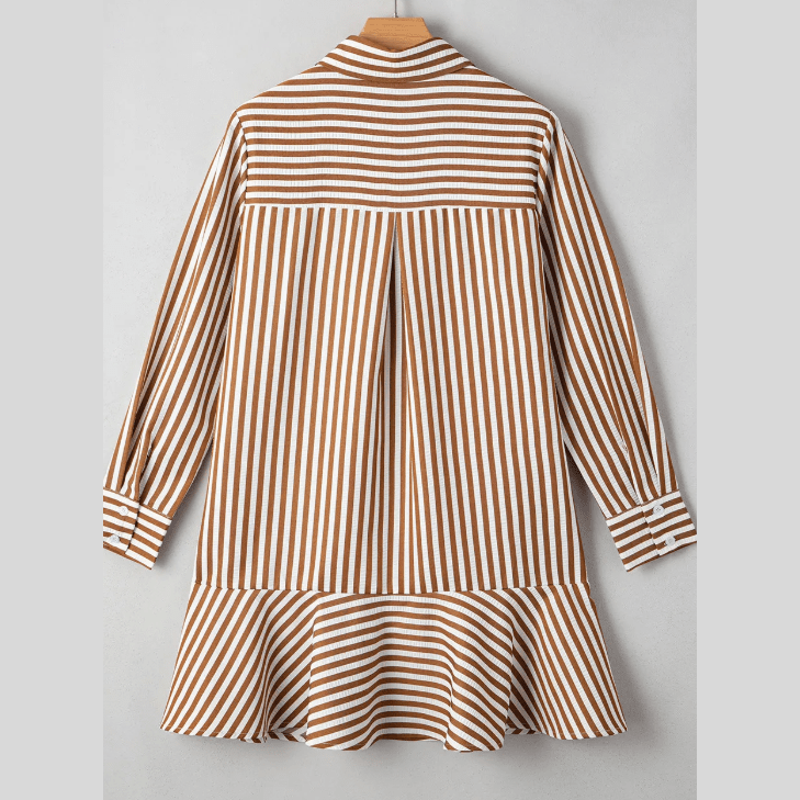 Steff Brown Stripe Ruffled Hem Collared Long Sleeve Shirt Mini Dress