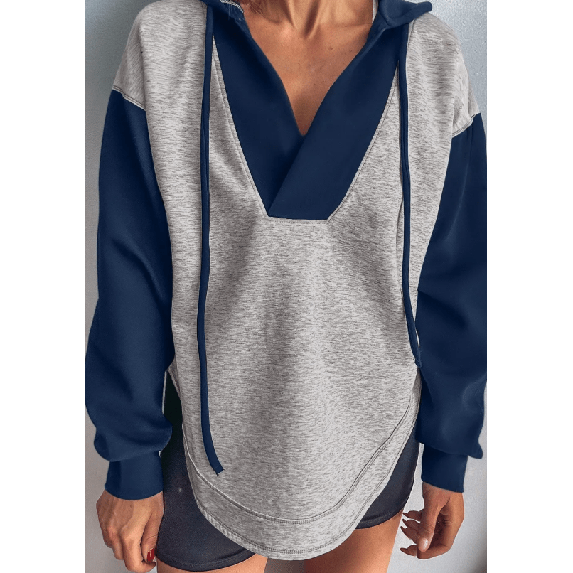 REDUCED!!!  Georga Light Grey Color Block Patchwork V Neck Drawstring Hoodie  REDUCED!!!