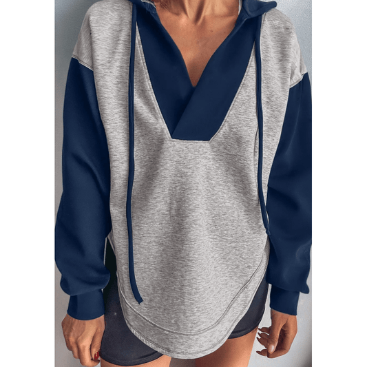 REDUCED!!!  Georga Light Grey Color Block Patchwork V Neck Drawstring Hoodie  REDUCED!!!