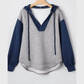 REDUCED!!!  Georga Light Grey Color Block Patchwork V Neck Drawstring Hoodie  REDUCED!!!