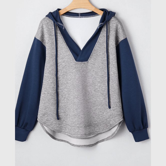 REDUCED!!!  Georga Light Grey Color Block Patchwork V Neck Drawstring Hoodie  REDUCED!!!