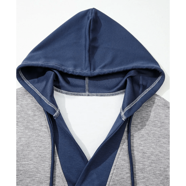 REDUCED!!!  Georga Light Grey Color Block Patchwork V Neck Drawstring Hoodie  REDUCED!!!