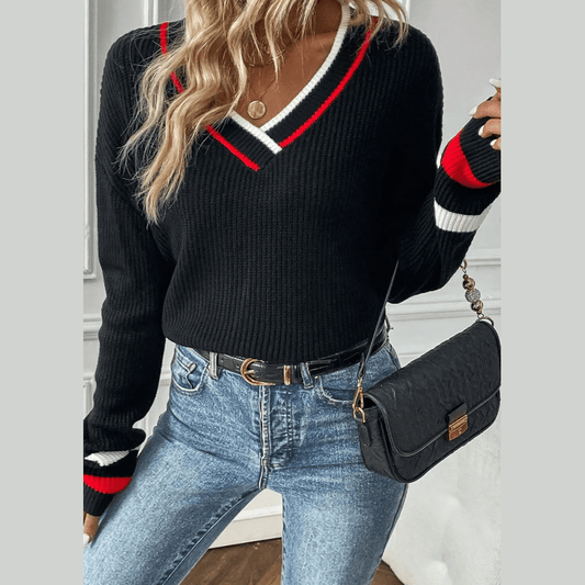 Maxen Black Contrast Striped Trim V Neck Drop Shoulder Sweater