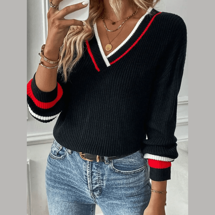 Maxen Black Contrast Striped Trim V Neck Drop Shoulder Sweater