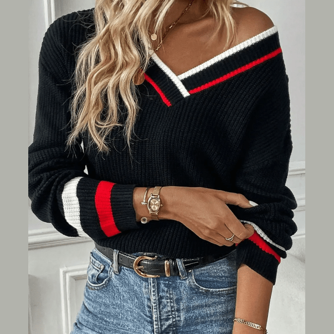 Maxen Black Contrast Striped Trim V Neck Drop Shoulder Sweater