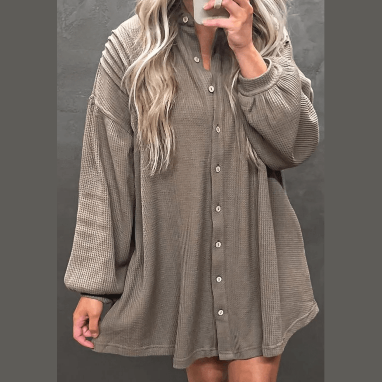 Fedra Simply Taupe Waffle Knit Shirt Tunic Dress