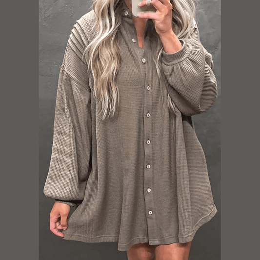 Fedra Simply Taupe Waffle Knit Shirt Tunic Dress
