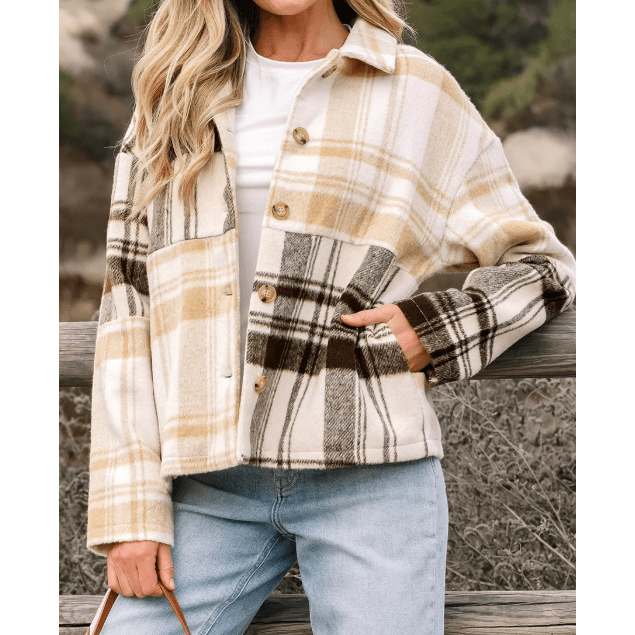 Junie Plaid Patchwork Side Pockets Buttoned Shacket