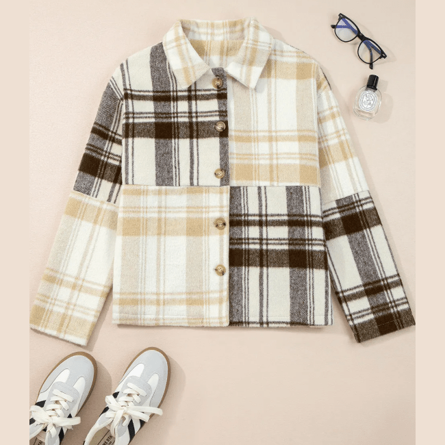 Junie Plaid Patchwork Side Pockets Buttoned Shacket