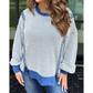 Veronica Blue Waffle Knit Exposed Stitching Casual Top with Side Slits