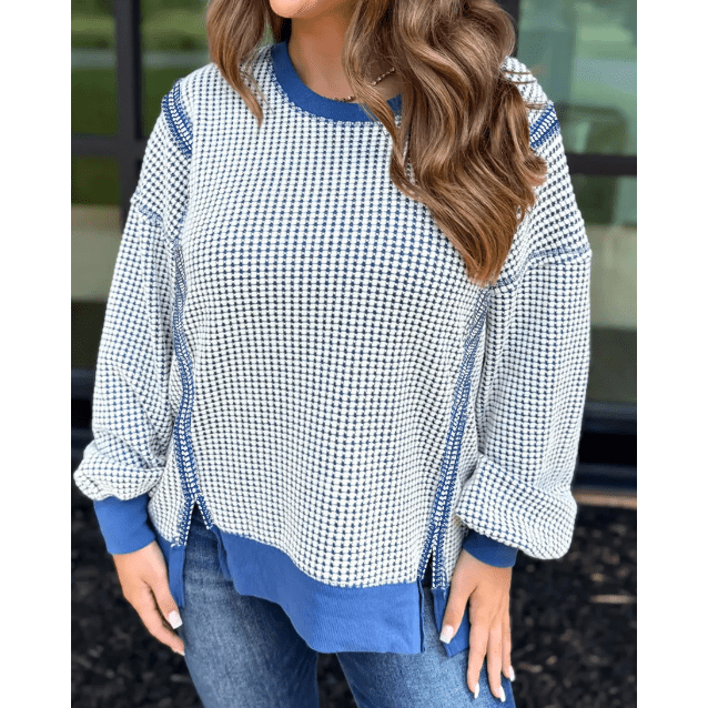 Veronica Blue Waffle Knit Exposed Stitching Casual Top with Side Slits