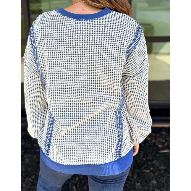 Veronica Blue Waffle Knit Exposed Stitching Casual Top with Side Slits