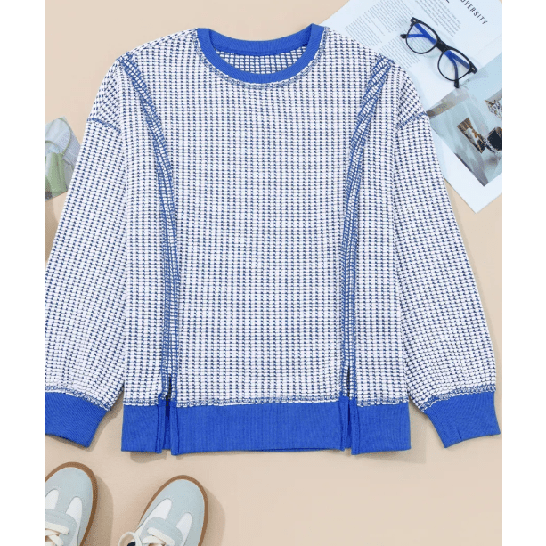 Veronica Blue Waffle Knit Exposed Stitching Casual Top with Side Slits