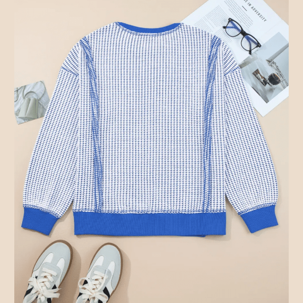 Veronica Blue Waffle Knit Exposed Stitching Casual Top with Side Slits