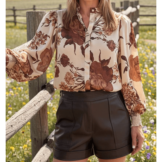 Emerson Brown Floral Print Button Down Poet Sleeve Shirt