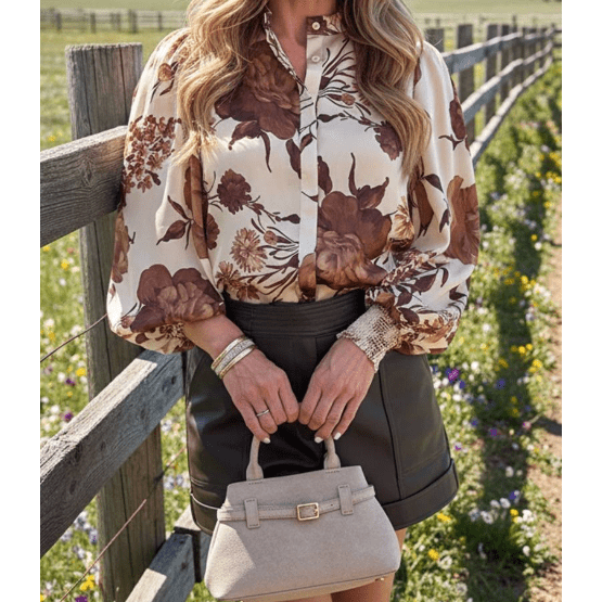 Emerson Brown Floral Print Button Down Poet Sleeve Shirt