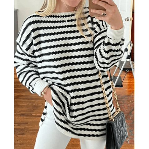 Jodie Black Striped Knit Split Hem Baggy Sweater