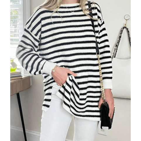 Jodie Black Striped Knit Split Hem Baggy Sweater