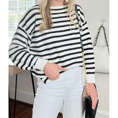 Jodie Black Striped Knit Split Hem Baggy Sweater