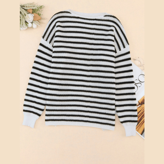 Jodie Black Striped Knit Split Hem Baggy Sweater