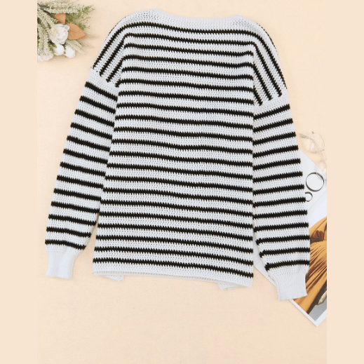 Jodie Black Striped Knit Split Hem Baggy Sweater