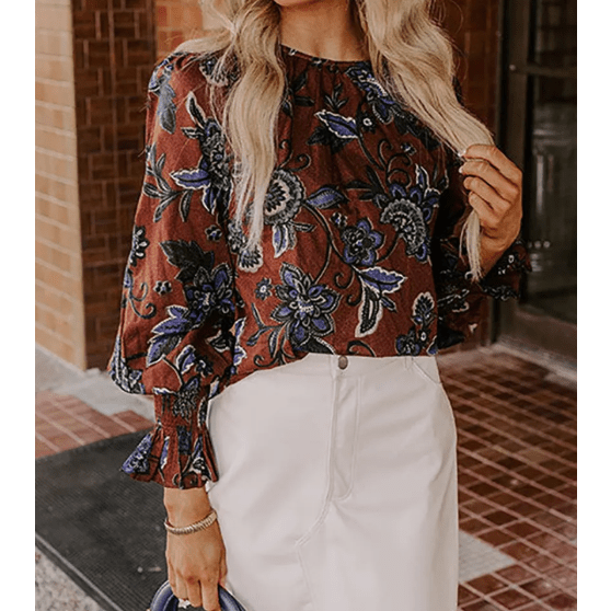 Kris Floral Print Smocked Cuffs Shift Blouse