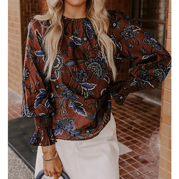 Kris Floral Print Smocked Cuffs Shift Blouse