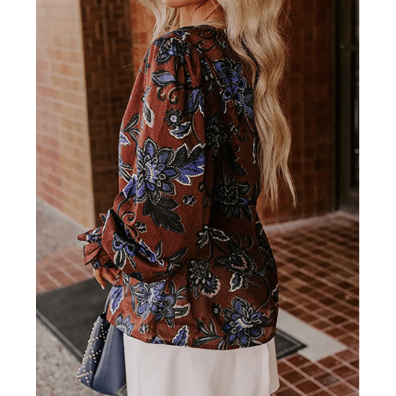Kris Floral Print Smocked Cuffs Shift Blouse