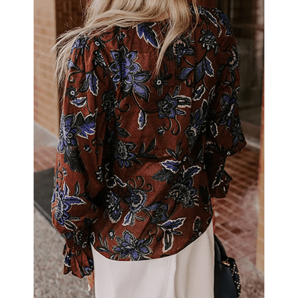 Kris Floral Print Smocked Cuffs Shift Blouse