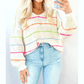 Carmine White Colorful Striped Detail V Neck Drop Shoulder Baggy Sweater